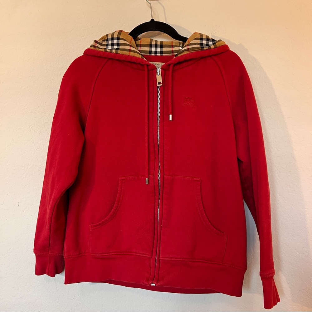Burberry London Red Zip-Up Hoodie Medium Women Excellent Condition